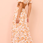 Elastic puff sleeves pleated waist back hollow sweet long skirt