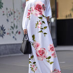 Loose Three-Quarter Sleeves Asymmetric Flower Print Pockets One-Shoulder Maxi Dresses