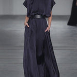 Loose Raglan Sleeve Solid Color Split-Joint Tied Waist High Neck Maxi Dresses
