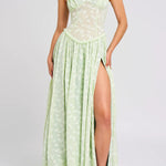 Ulissa Light Green Square Neck Jacquard Textured High Slit Maxi Dress