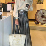 Fashionable Metallic Pleated Back Elastic Waist Maxi Skirt