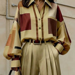 Long Sleeves Loose Buttoned Contrast Color Plaid Lapel Blouses&Shirts Tops