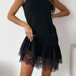 Breezy City Tulle Lace Tiered Hem Stretch Tank Mini Dress