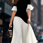 Flared Sleeves Half Sleeves Pleated Split-Joint Round-Neck Midi Dresses