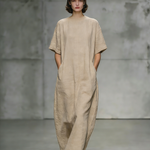 Women's Elegant, Natural-colored Cotton And Linen Blend Round-neck, Short-sleeved, Loose-fitting Long Dress