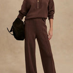 Meet The Autumn Ribbed Zipper Neck Sweatshirt and Elastic Waist Pocketed Loose Pants Set
