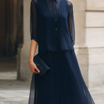 Button-Front Sheer Overlay Midi Dress