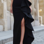 Black One-Shoulder Ruffled Evening Gown With Asymmetric Slit