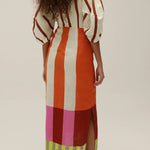 Kaya Linen Blend Color Block Print Front Cutout Knot Puff Sleeve Maxi Dress