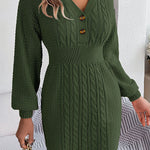 Buttoned V-neck twist lantern sleeves hip-hugging sweater dress