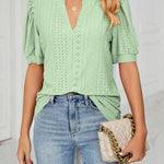Casual v-neck solid color hollow puff sleeve loose t-shirt top women