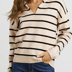 Striped Long Sleeve Polo V Neck Pullover Sweater
