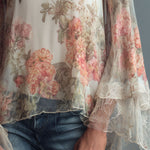 Vintage Floral Lace High-Neck Blouse With Sheer Bell Sleeve