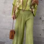 V-neck cotton and linen printed top and trousers casual suit