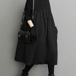 Simple Loose Black Split-Joint Long Sleeves Midi Dress