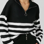 Turtleneck Zipper Striped Cardigan Sweater