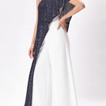 Party Favors Sequin One Shoulder Ruffle Detail Wide Leg Evening Jumpsuit