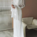 Flared Sleeves Skinny Gauze Pleated See-Through Solid Color Split-Joint Square-Neck Maxi Dresses