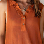 Casual Rust Lightweight Mesh Knit Sleeveless Polo Top