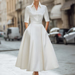 Timeless Ivory Satin Shirt Dress With Front Buttons