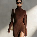 Women's Elegant Brown Knitted Turtleneck Long-sleeved Slim-fit Midi Dress