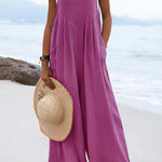 Ethnic Button Suspender Wide Leg Line Jumpsuit