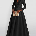 A-Line High Waisted Pleated Solid Color V-Neck Maxi Dresses