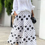 High Waisted Loose Contrast Color Elasticity Pockets Polka-Dot Split-Joint Pants Trousers