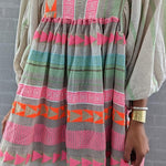 Pink Greek Key and Orange Chain Striped Print Midi Dress