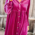 Long Sleeve Ruffle Velvet Button Up Shirt Dress