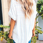 Striped Print Loose Fit V Neck Short Sleeve Blouse
