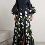 Long Sleeves Loose Floral Floral Printed Pleated Split-Joint Stand Collar Trench Coats