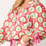 Christmas Printed Velvet Lace-up Long-sleeve Pocket Top and Elastic Waist Wide-leg Pants Set