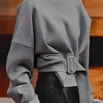 Long Sleeves Loose Belt Buckle Solid Color Round-Neck Sweatshirt Tops