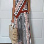 Gracie Unique Print Knotted Scarf Top and Elastic Waist Pocketed Loose Pants Set