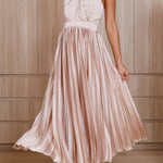 Beaming Smile Satin Halter Neck Pleated Midi Dress