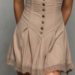 Boho Chic Beige Button-Front Strap Mini Dress With Lace Hem