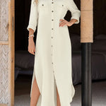 Long Sleeves Loose Buttoned Pockets Split-Side Lapel Maxi Dresses Shirt Dress