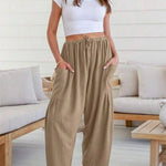 Column Loose Elasticity Pockets Solid Color Casual Pants Bottoms Trousers