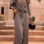 Solid Color Lapel Casual Button-down Shirt and Loose Pocket Slit Wide-leg Pants Set