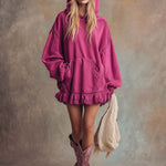 Elegant Retro Sporty Lace Trim And Ruffled Hem Rose Pink Cotton Hooded Style Mini Dress