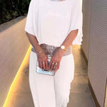 Stylish Sequin Patchwork Dolman Sleeve Top and Elastic Waist Wide Leg Pants Set