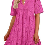 Women's V Neck Short Sleeve Hollow Out Mini Vacation Dress