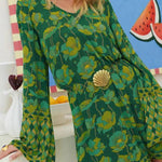 V-neck Bell Sleeve Green Floral Print Dress