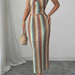 Playful Colorful Knitted Sexy Tube Top and Elegant Back Slit Midi Skirt Set