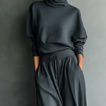 Women's Charcoal Knit Fabric Turtleneck Oversized Top & Wide-Leg Pants Set