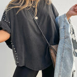 WASHED ROLL UP SLEEVE STUDDED OVERSIZED TEE