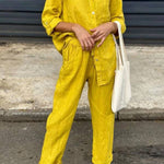 Casual Solid Color V-Neck Shirt & Pants Cotton Linen Two-Piece Set