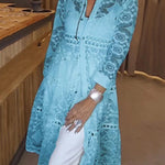 Solid Color Hollow Lace Lapel Button Long Shirt