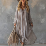 Lazy And Elegant V-neck Light Gray Crinkled Chiffon Maxi Dress